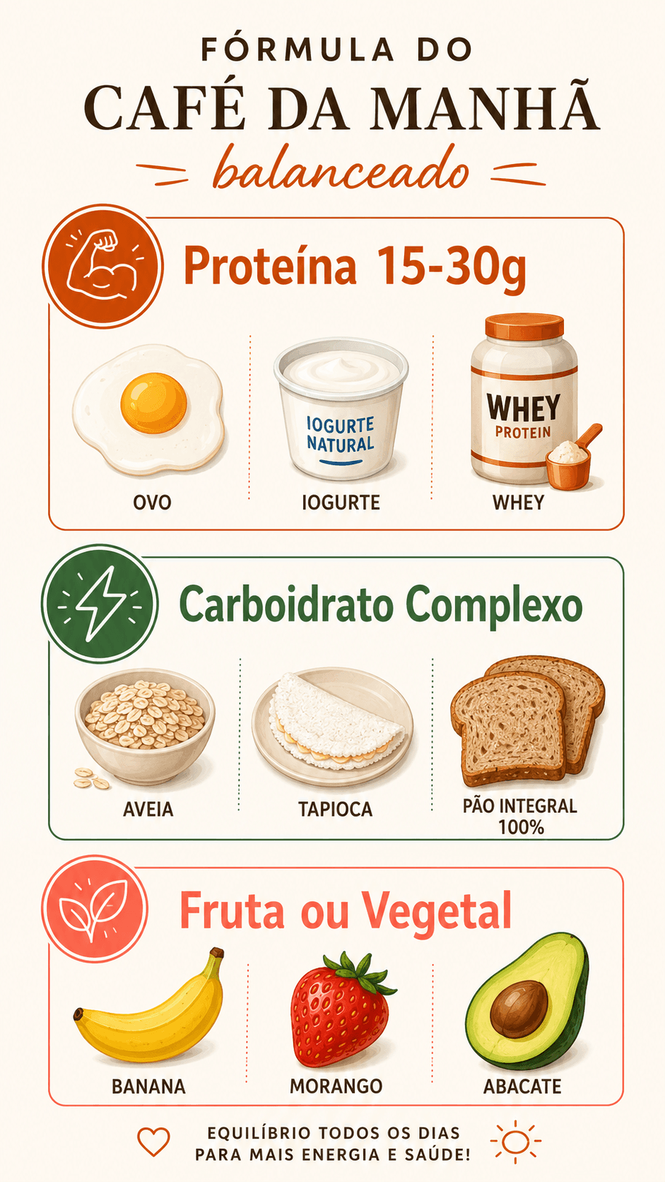 Infográfico em três blocos mostrando proteína, carboidrato complexo e fruta como base do café da manhã equilibrado.